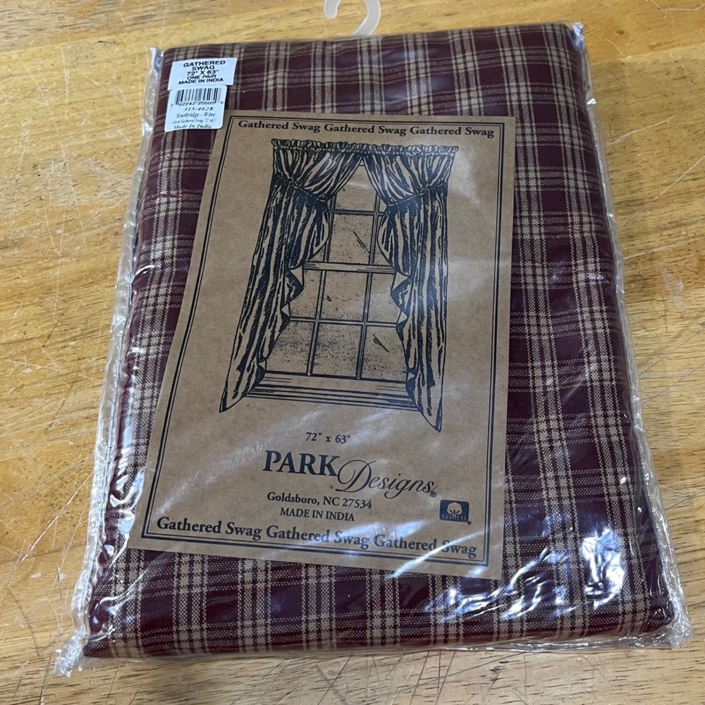 Park Designs Sturbridge Wine Plaid Gathered Swag Curtains 72x63 Primitive Farm
